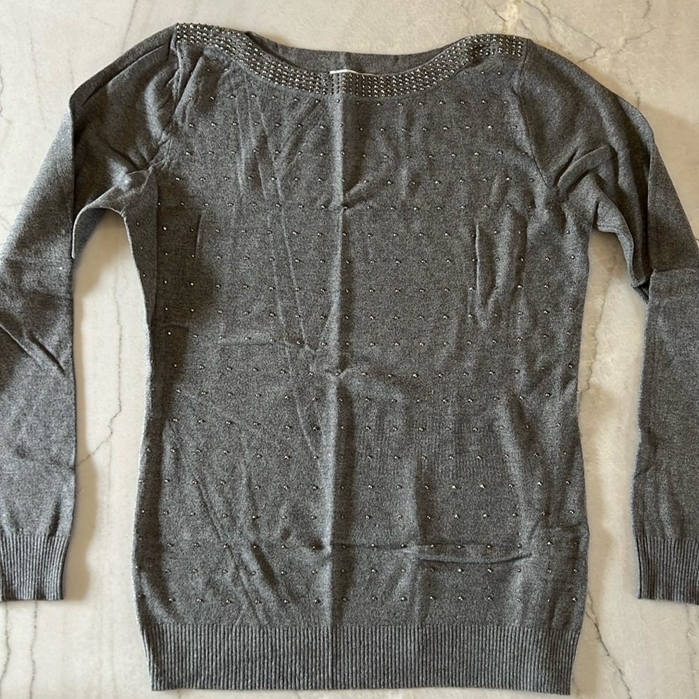 Neiman Marcus Boat Neck Embellished Charcoal Sweater